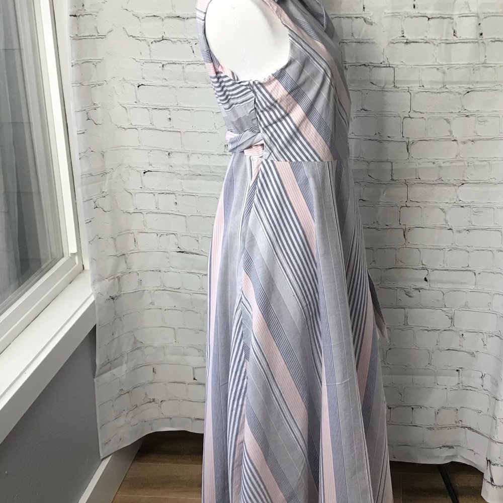 Calvin Klein Sleeveless Striped Wrap Maxi Dress in White and Light Blue - Picture 11 of 13